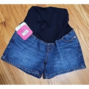 Isabel Maternity Crossover Panel Over-Belly Blue Jean Shorts Size 2